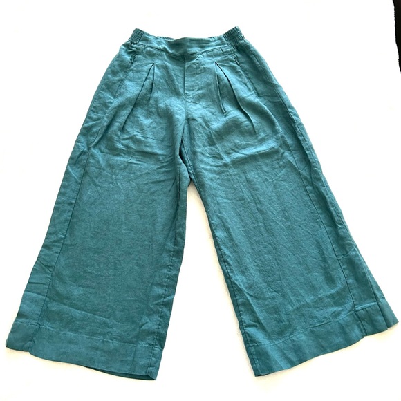 Athleta Playa Linen Borealis Green Wide Leg Crop Pants - Picture 4 of 14